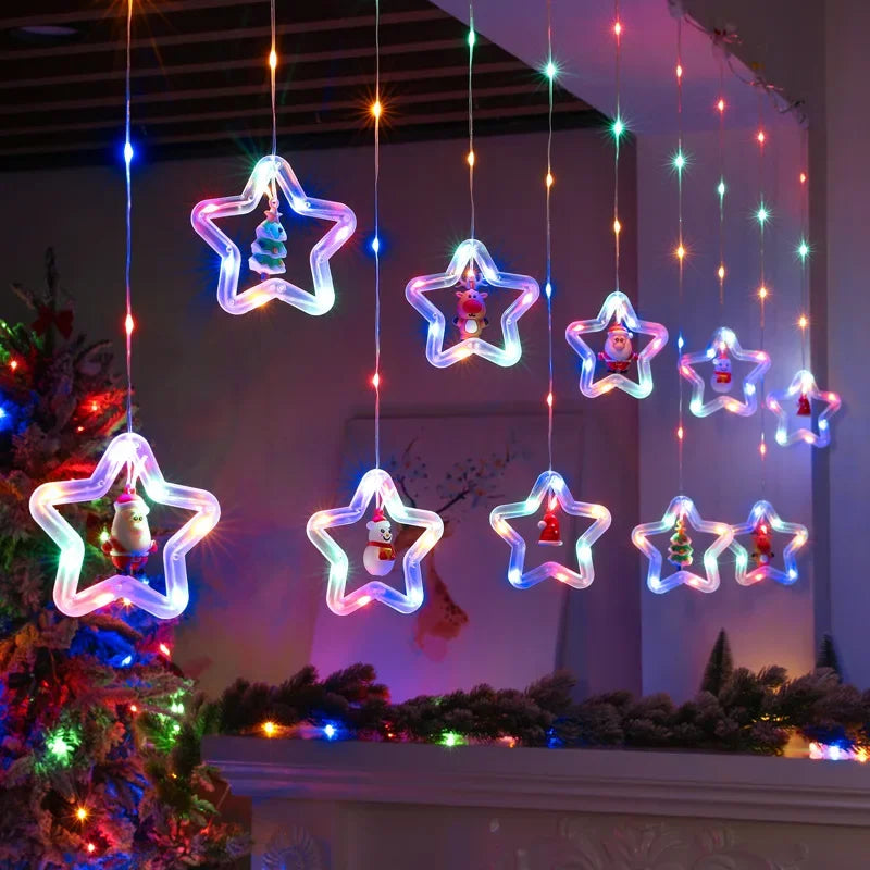 Christmas Lights String Star Santa Claus Curtain Light USB Plug Holiday Party Garland Lamp For Home Bedroom Window Decoration