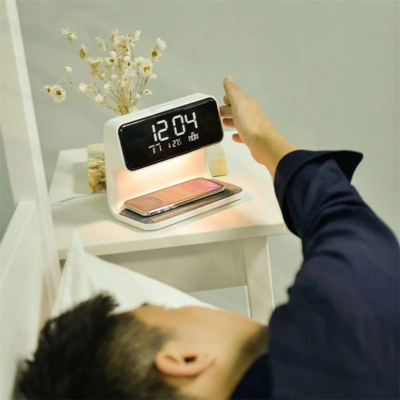 New Trend Bedroom Table Desk Led Lamp Night Light Digital Alarm Clock QI Universal Wireless Charger for iPhone Samsung