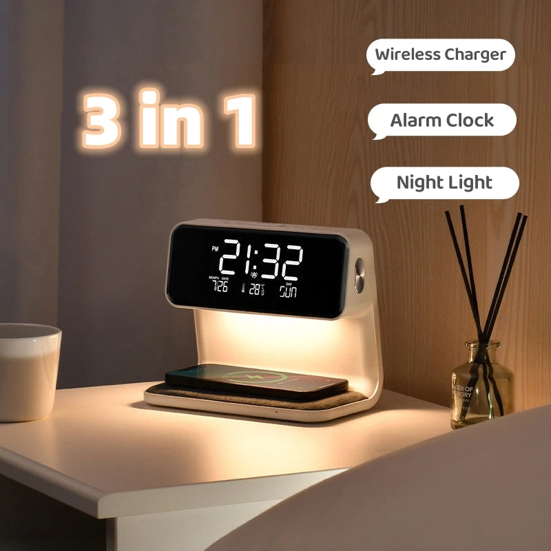 New Trend Bedroom Table Desk Led Lamp Night Light Digital Alarm Clock QI Universal Wireless Charger for iPhone Samsung